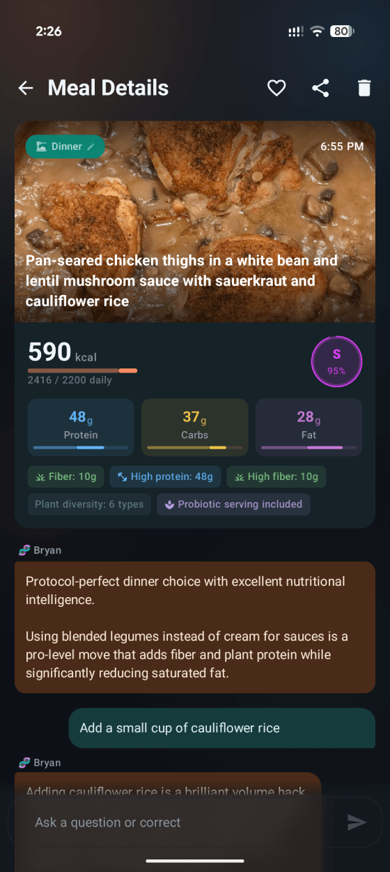 Meal analysis with macros, grades, and coaching feedback