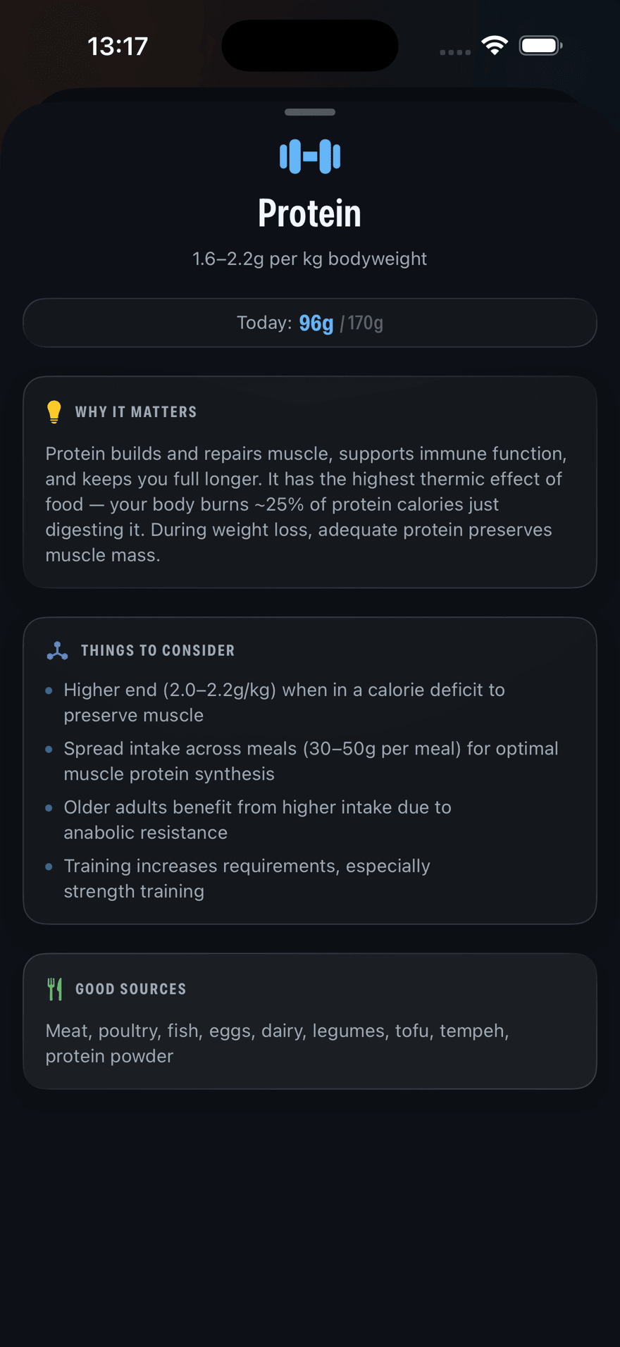 Protein education — daily target, why it matters, and good sources