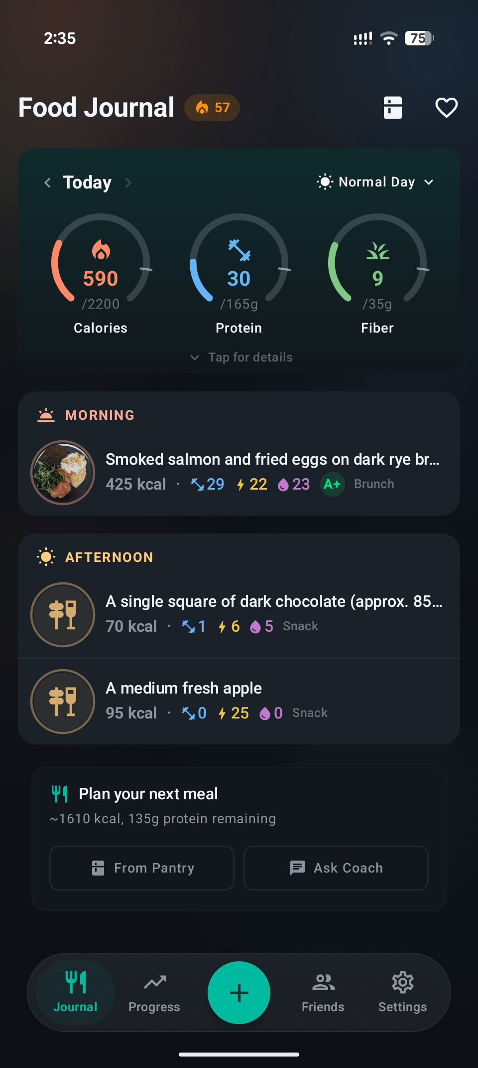 Food journal with daily macro gauges and meal planning