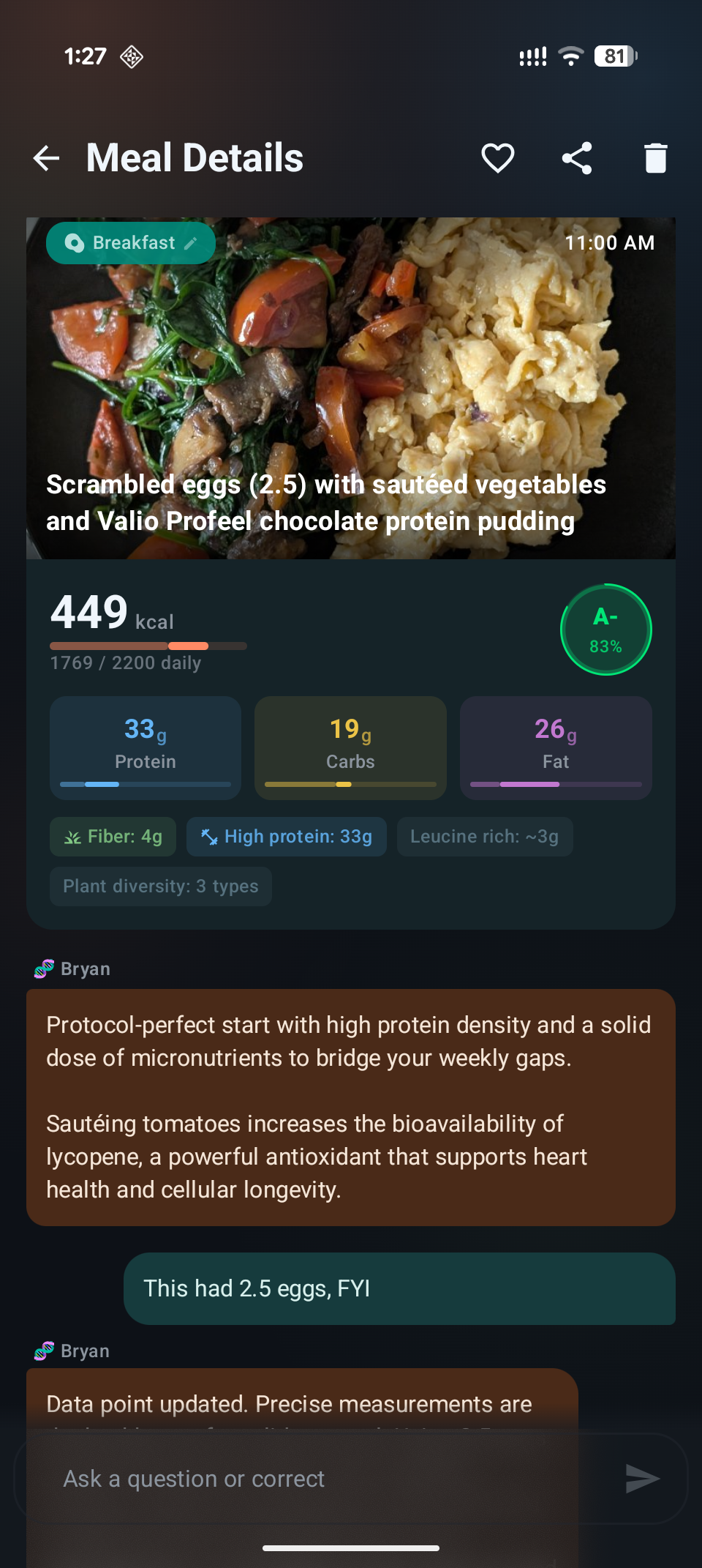 A breakfast scoring A- with high protein density and detailed coaching feedback