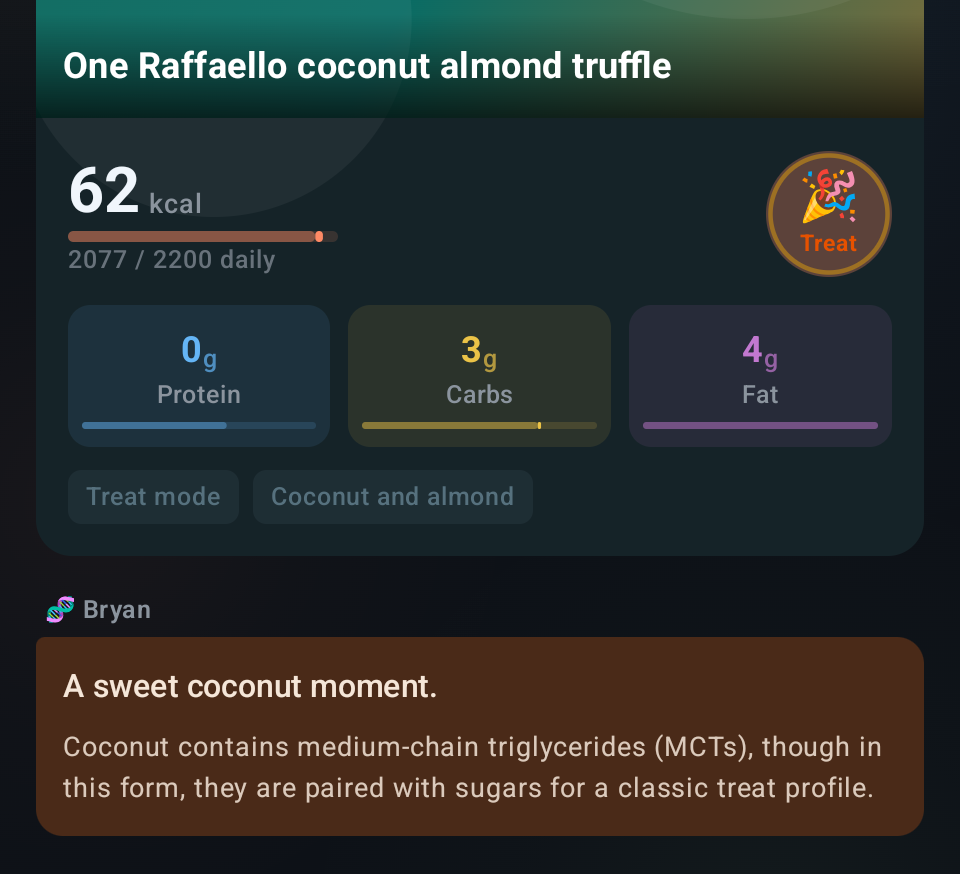 A Raffaello truffle logged as a treat with no grade, just a celebration badge